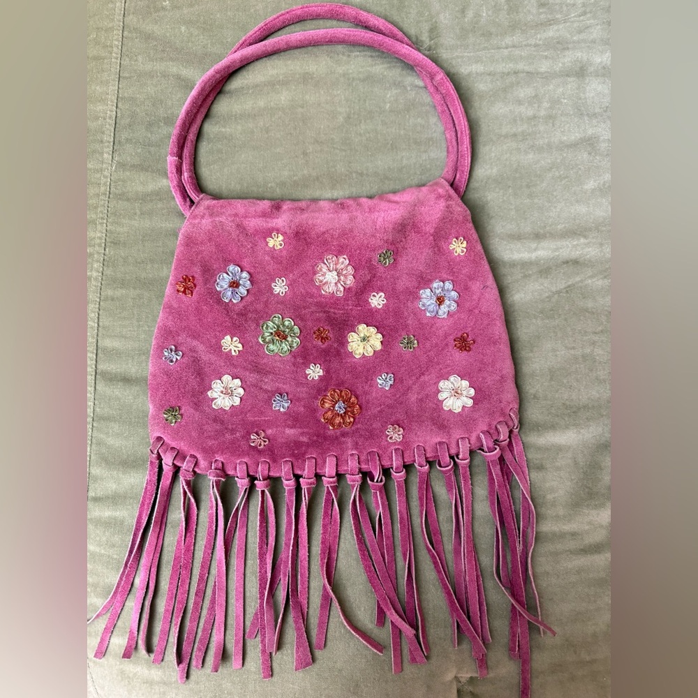 Frangi Floral raspberry Pink Fringe Bag shoulder purse 100% suede OSP